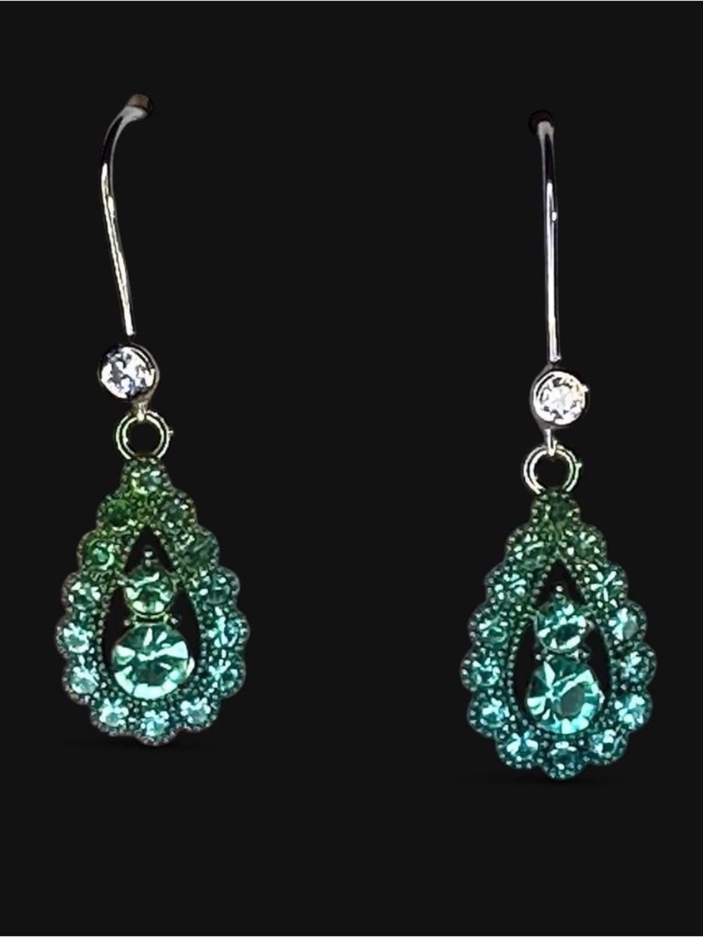 Aqua Green Rhinestone Teardrop Earrings with Sterling Silver French Hooks